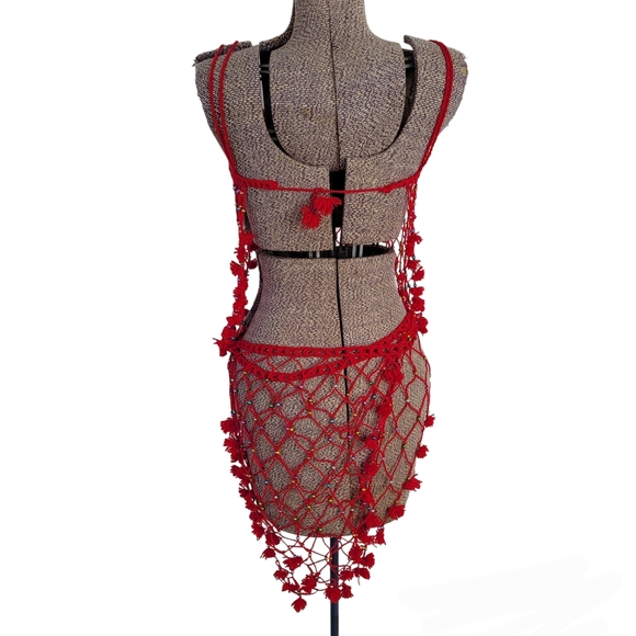 2 piece handmade red crochet swimsuit cover-up - Picture 9 of 11
